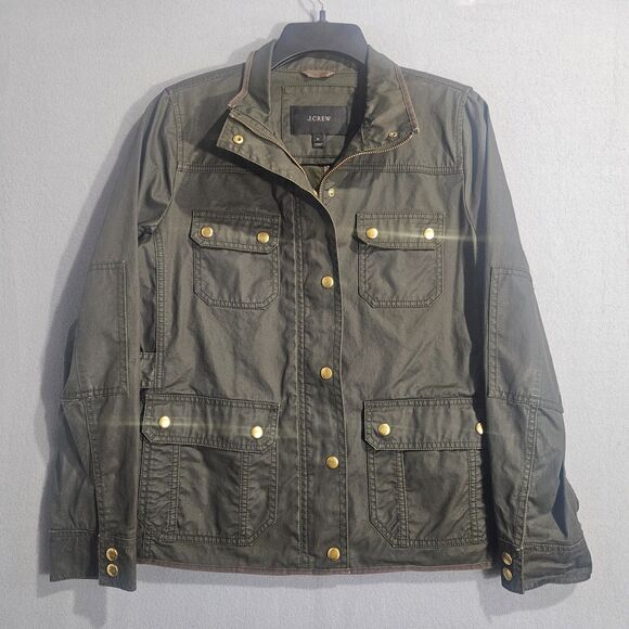 J.Crew M Downtown Field Waxed Military Jacket Zip/Snap Mossy Green Cotton - Picture 1 of 7